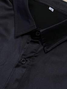 WAIT HIM Men's Satin Short Sleeve Single-Breasted Fashion Shirt - Black - View 6