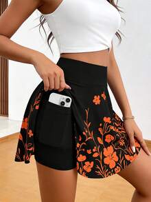 Falda pantalón de verano con estampado floral, diseño de bolsillo y cintura elástica, cómoda y casual para mujer de talla grande - Naranja - Ver 5