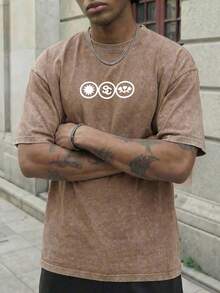 Men's Short-Sleeved T-Shirt With A Round Neck Made Of Pure Cotton With A Washed Finish, Perfect For A Retro Street Style In Summer, Suitable For Leisure, Sports, Fitness And Going Out. - 咖啡棕 - 查看 4