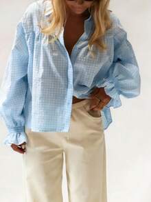 Women's Fashionable Plaid Regular Blouse With Collar And Button Front, Long Sleeve With Ruffle Hem Spring - Baby Blue - View 5