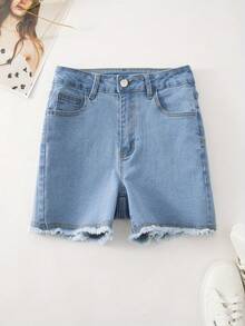 Quần short denim nữ mùa hè mới, thêu họa tiết, cạp chun, thanh lịch, nơ và gấu quần tua rua, kiểu dáng thường ngày. - Màu xanh lam - Xem 4