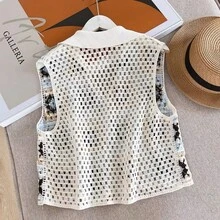 Áo khoác nữ kiểu retro móc len cổ chữ V phối màu tương phản, họa tiết kẻ caro thêu họa tiết khoét lỗ, màu trắng, thích hợp cho mùa hè. - trắng - Xem 2