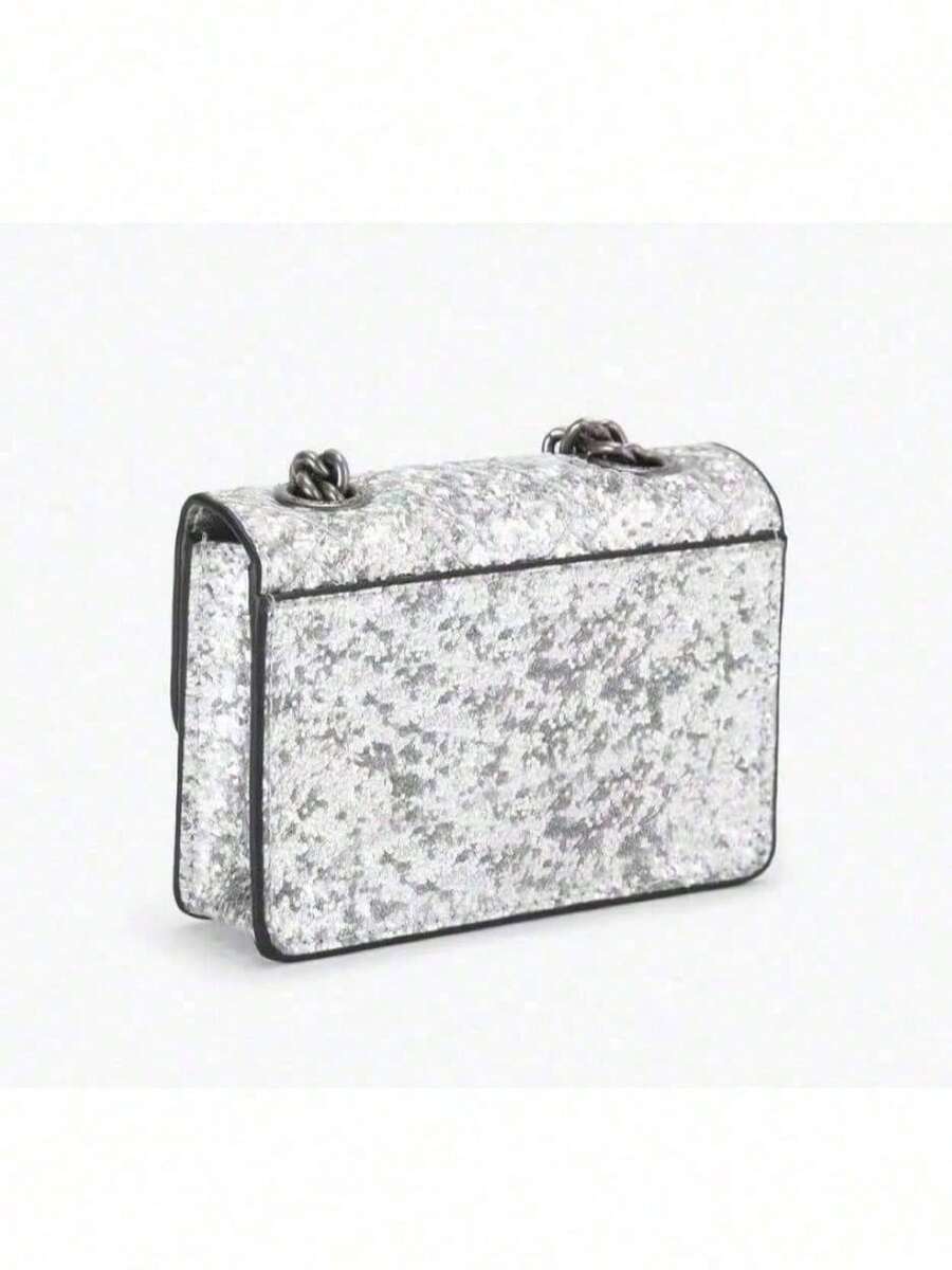 Women's Mini Crossbody Bag With V-Stitch Embroidery & Chunky Chain Strap – Shiny Evening Purse For Party, Wedding & Formal Events - Bạc - Xem 1