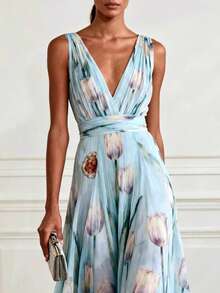 New V-Neck Vacation & Party Dress ( Style) - 藍色 - 查看 2