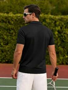 男士純黑色短袖 Polo 衫，休閒運動上衣，適合網球、高爾夫、工作、日常與戶外穿著 - 黑色 - 查看 3