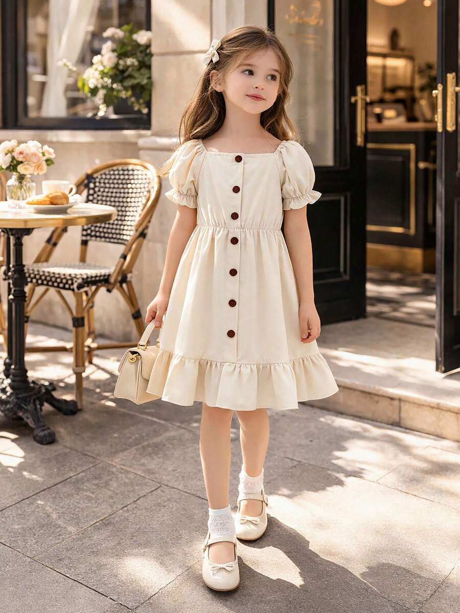 女童奶油杏色方领花瓣袖连衣裙，前扣腰身A字荷叶边下摆复古公主裙，甜美风格，适合日常穿着和度假 - 杏色 - 查看 1