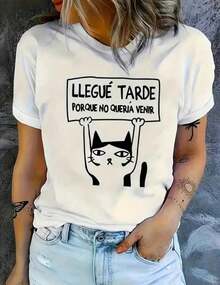 Playera estampada de letras y gatos, manga corta y cuello redondo, top casual para verano y primavera, ropa de mujer - Blanco - Ver 1