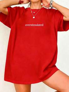 Oversized Women's Casual Overstimulated Graphic Short Sleeve T-ShirtNew Stylish T-Shirt-Summer Apparel, Unisex, Vintage Heavyweight Loose Washed T-Shirt, Suitable For Outings, Casual Street-Style Top - 紅色 - 查看 15