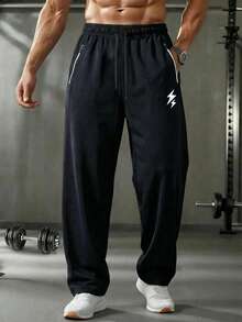 男士加大码春夏运动裤，高弹冰丝面料，轻盈透气直筒裤，尺码6XL，男士慢跑裤，带拉链口袋，反光印花，适合健身、跑步、户外、休闲穿着，父亲节礼物，男士礼物，黑色 - 黑色 - 查看 4