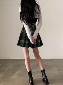 女士休闲百搭格子褶裥迷你裙 - 黑色 - 查看 6