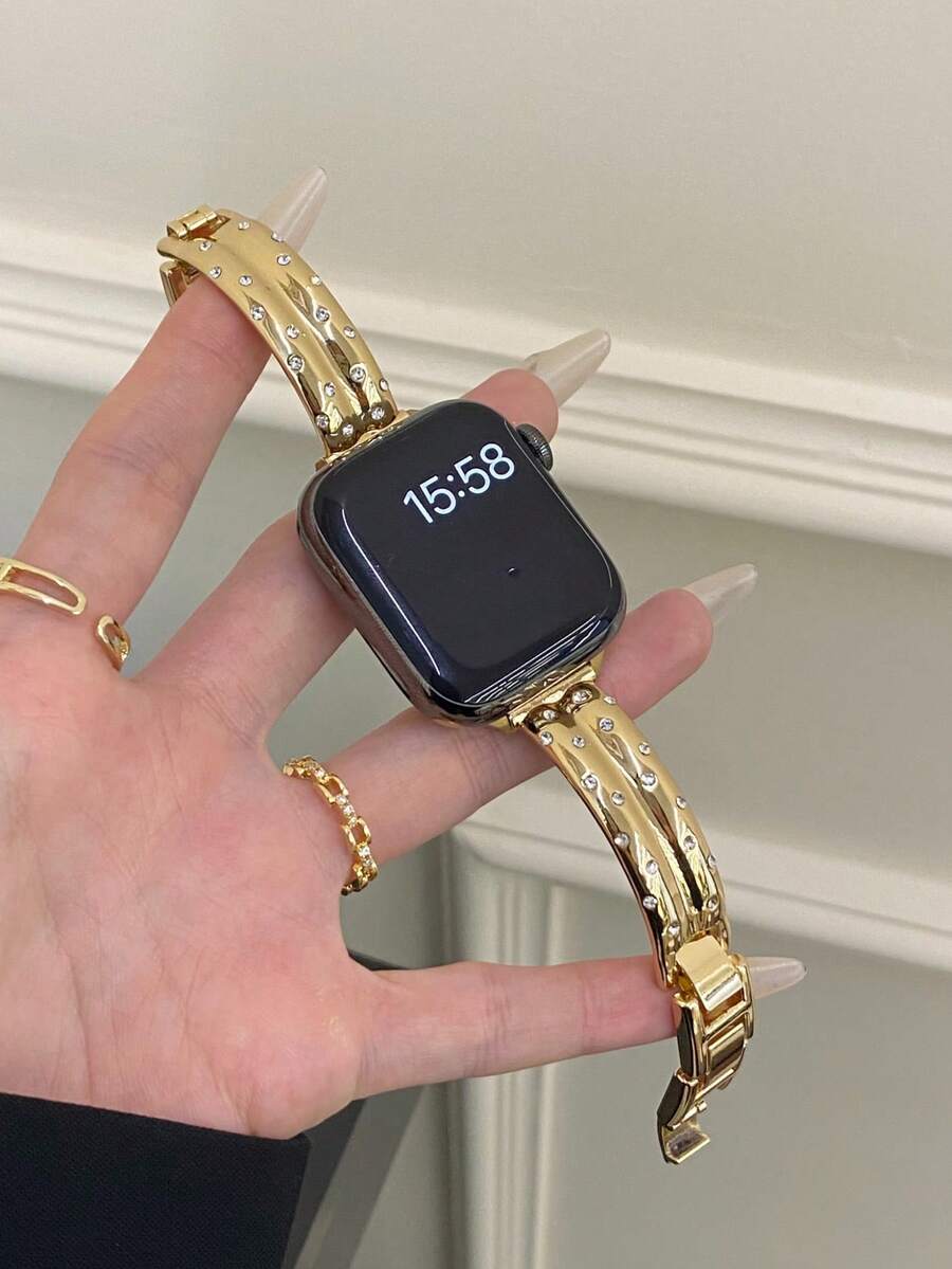 1 dây đeo đồng hồ kim loại tương thích với Apple Watch 38mm 40mm 41mm 42mm 44mm 45mm 49mm 46mm, dây đeo thay thế bằng thép không gỉ dành cho nữ, bề mặt sáng bóng, phù hợp với Series 9/8/7/6/5/4/3/2/1 - Vàng - Xem 1