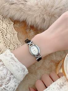 1件装女士长方形简约时尚石英表，配黑色/棕色/绿色表带 - 黑色 - 查看 7