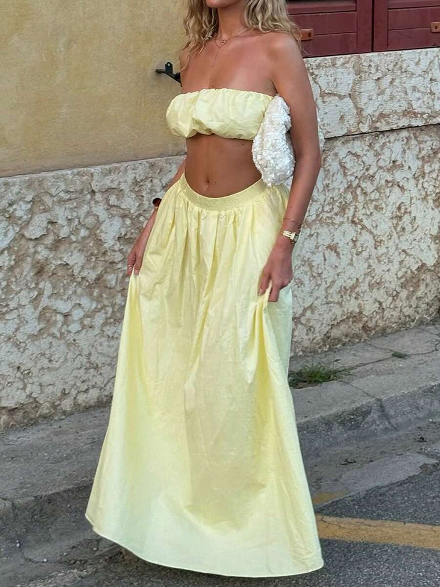 Women's Sexy Strapless 2 Pieces Set In Yellow, Suitable For Party, Beach And Daily Wear, Summer - Yellow - View 1