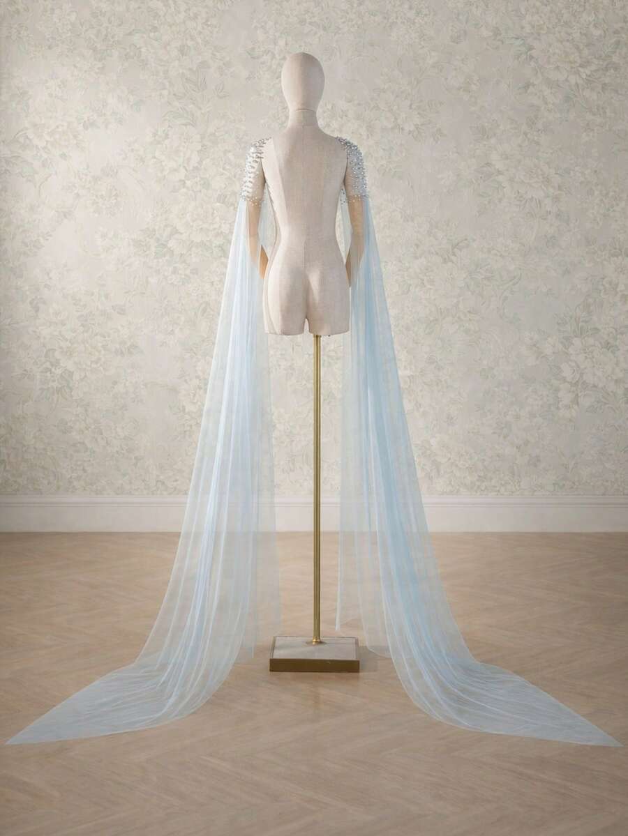 1 Pair Light Blue Beaded Bridal Shawl, Handmade Wedding Accessory Suitable For Wedding & Party