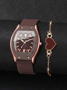 Bộ 2 chiếc đồng hồ nữ bằng silicon với mặt số hình thùng cổ điển thanh lịch và dây đeo thạch anh + dây đeo hình trái tim, không kèm hộp đựng đồng hồ. - màu nâu - Xem 3