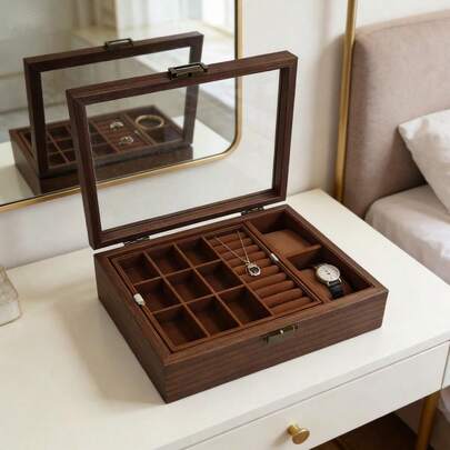 1 pieza Caja de joyería de nogal negro de lujo, caja de almacenamiento de joyas de madera de doble capa, estilo clásico, para guardar aretes, anillos, collares, pulseras, colgantes y otras joyas, regalo para la novia