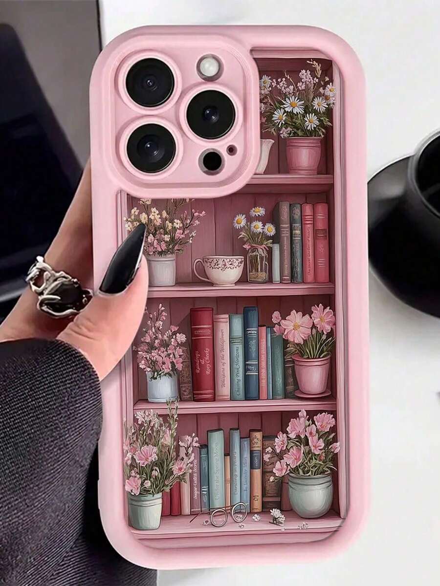 Book 1pc New Creative Bookshelf, Book Holding Sunflower Pattern Soft Phone Case, Thick, Full Coverage, Camera Hole, Compatible With Iphone 17 Air/17 Pro Max/17/16 Plus/15/14/13/12/11/XS Max/XR/7/8 - Light Pink - View 1
