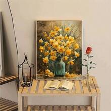 1pc Large Size 5D Round Crystal Diamond Painting, Featuring Yellow Daffodils And Vintage Vase, Handcrafted Crystal Diamonds Sparkling Like Starlight. It Is A Healing DIY Creation, And The Finished Artwork Can Be Used As Home Wall Decor To Add An Artistic Atmosphere. It Also Makes A Heartfelt Handmade Gift For Halloween, Christmas, Lighting Up The Space And Holiday Warmth. No Frame Included. - round diamond - View 1