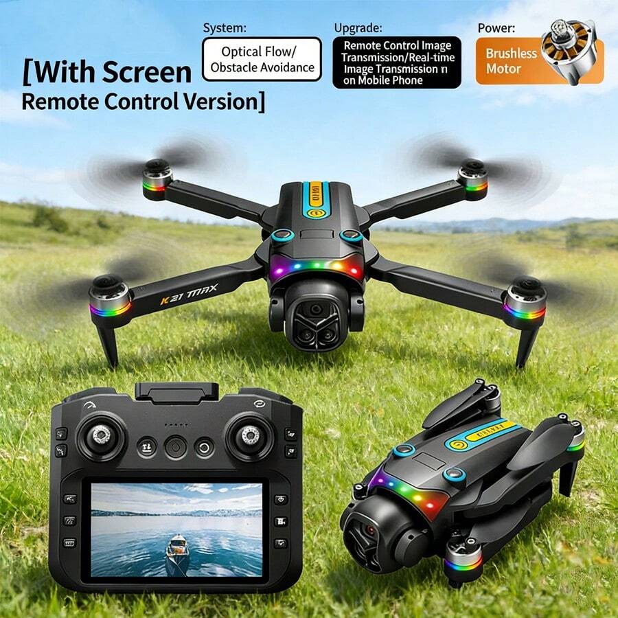 无刷电机无人机，4.3英寸图像传输屏幕遥控器，电动镜头，全方位避障光流悬停，一键降落，四轴飞行器