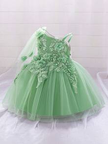 女嬰蝴蝶結花朵網紗公主裙，適合派對花童穿著，布料花卉圖案隨機剪裁，不含髮箍 - 綠色 - 查看 5