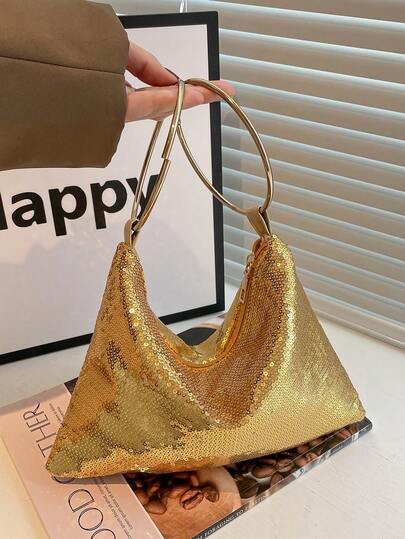 1pc Glittery Gold Tone Handheld Clutch Bag, Shiny Evening Party Bag, New Arrival For Party, Holiday, Beach