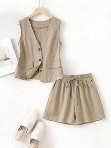 女士休闲亚麻混纺单排扣无袖外套及松紧腰A字宽松短裤套装，夏季 - 卡其色 - 查看 3