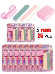 5-Piece Set / 25-Piece Disposable Manicure Tool Kit-Basic Nail Care Tools, Including Mini Nail Files, Buffers, Bulk-Packaged Handle Brushes, And Cuticle Sticks. Individually Packaged. Suitable For Hand And Foot Care, Salon Use, Mini Nail Buffers, And Cuticle Sticks For Salons / Home Use, Nail Supplies, Nail Tools, Nail Art Tools, Back-To-School Season, Nails, Nail Tools For Applying - Multicolor - View 1