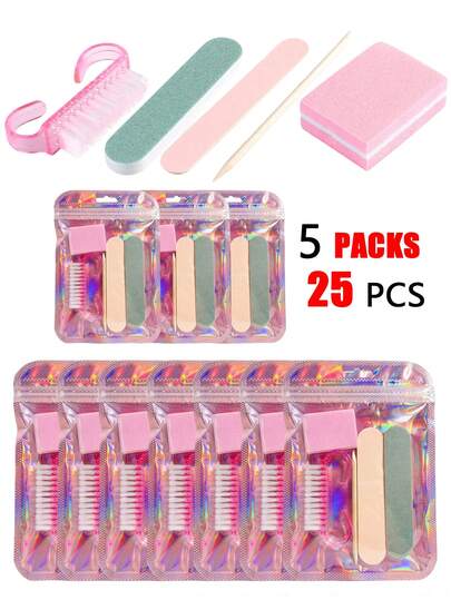 5件套/25件一次性美甲工具套装 - 基础美甲护理工具，包括迷你指甲锉、抛光块、散装手柄刷和角质层推棒。独立包装。适用于手足护理、美甲沙龙使用、迷你指甲抛光块和角质层推棒（适用于美甲沙龙/家庭使用）、美甲用品、美甲工具、美甲艺术工具、返校季、美甲、美甲工具套装。