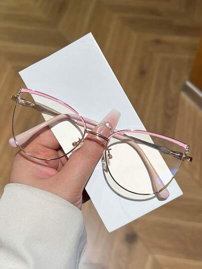 1 件装女士新款猫眼造型时尚眼镜，全框纯色透明镜片，镜框饰有闪亮水钻，优雅风格，金属镜腿设计，装饰眼镜，新颖镜腿装饰，时尚配饰