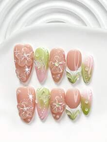 10件套夏季风手工美甲套装，包含凝胶美甲套装、3D极光蝴蝶、手绘五瓣实心花、手绘白色太阳和树枝、波点美甲装饰，以及美甲工具（1个果冻贴纸+1个指甲锉）。提供三种尺寸：方形、短方形和杏仁形指甲。适合派对、日常佩戴、庆祝活动、拍照、春夏通勤等场合。 - 彩色 - 查看 3