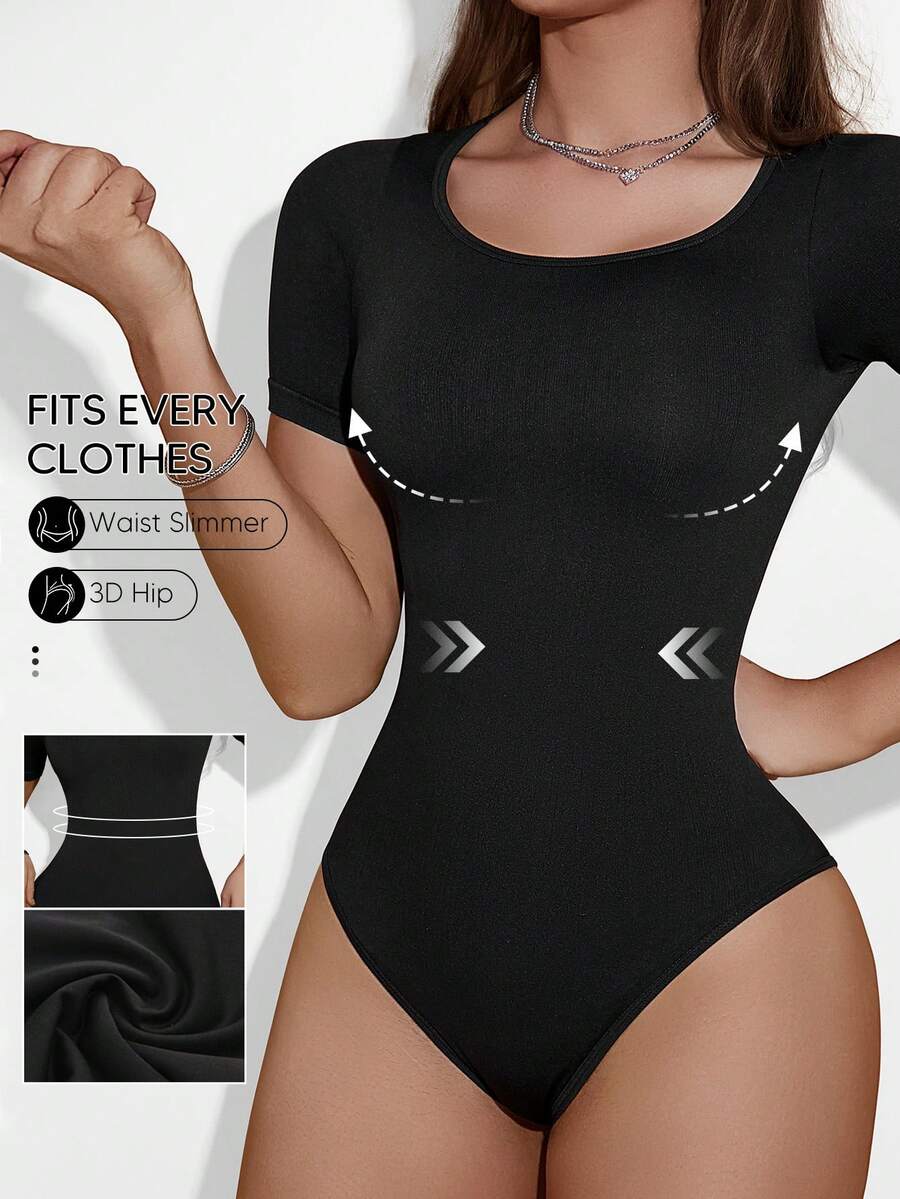 Suprenx Ribbed Jumpsuit, Valentine's Day Women's Shapewear Bodysuit, Tummy Control Workout Unitard With Crew Neck Short Sleeve Top