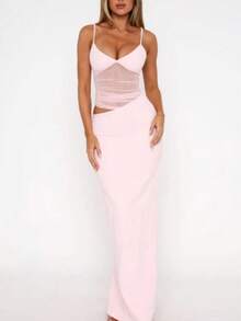 女士性感透视拼接不对称镂空露背紧身吊带裙 - 粉色 - 查看 4