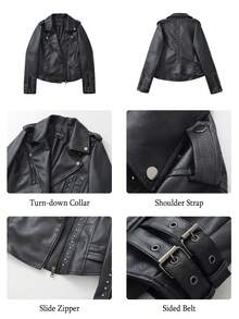 女士仿皮夹克铆钉朋克机车时尚外套 - 深黑色 - 查看 6