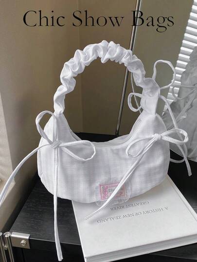 甜美格纹蝴蝶结装饰单肩包，可爱荷叶边肩带腋下包，女士休闲日常手提包