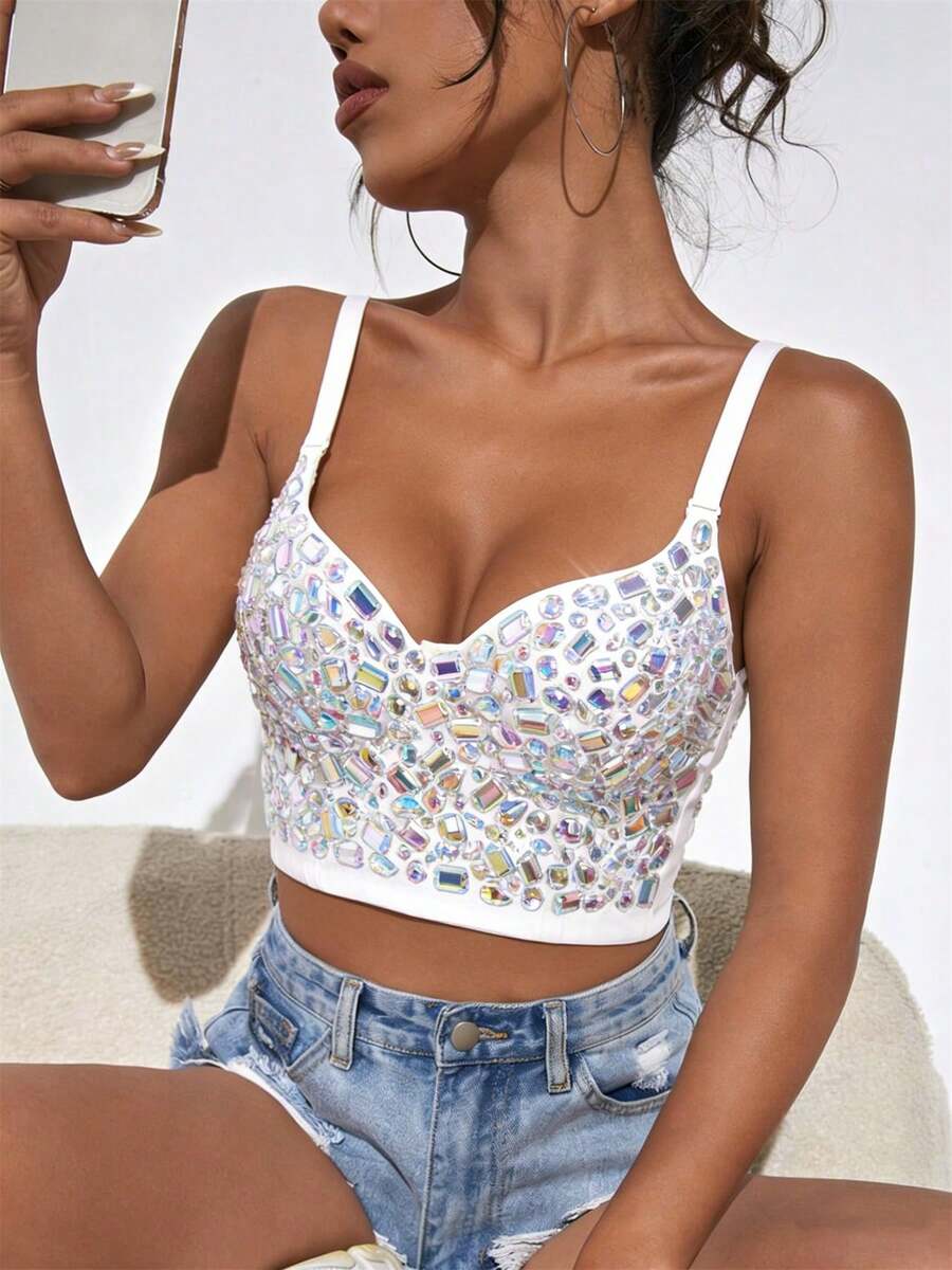 Fashionable Personalized Slimming Acrylic Sequin Backless Colorful Cropped Camisole Bustier Tank Top Casual White Summer - White - View 1
