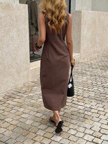 Just Masa 女士夏季休闲度假无袖纽扣圆领修身连衣裙，时尚A字衬衫裙，适合日常穿着、通勤、约会，纯色简约中长连衣裙，优雅 - 棕色 - 查看 2