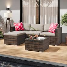 5-Piece Outdoor Sectional Sofa Set, All-Weather PE Rattan Patio Furniture With Ottoman & Tempered Glass Table, Convertible Garden Couch For Backyard, Porch, Poolside - Brown/Light Gray - 查看 5