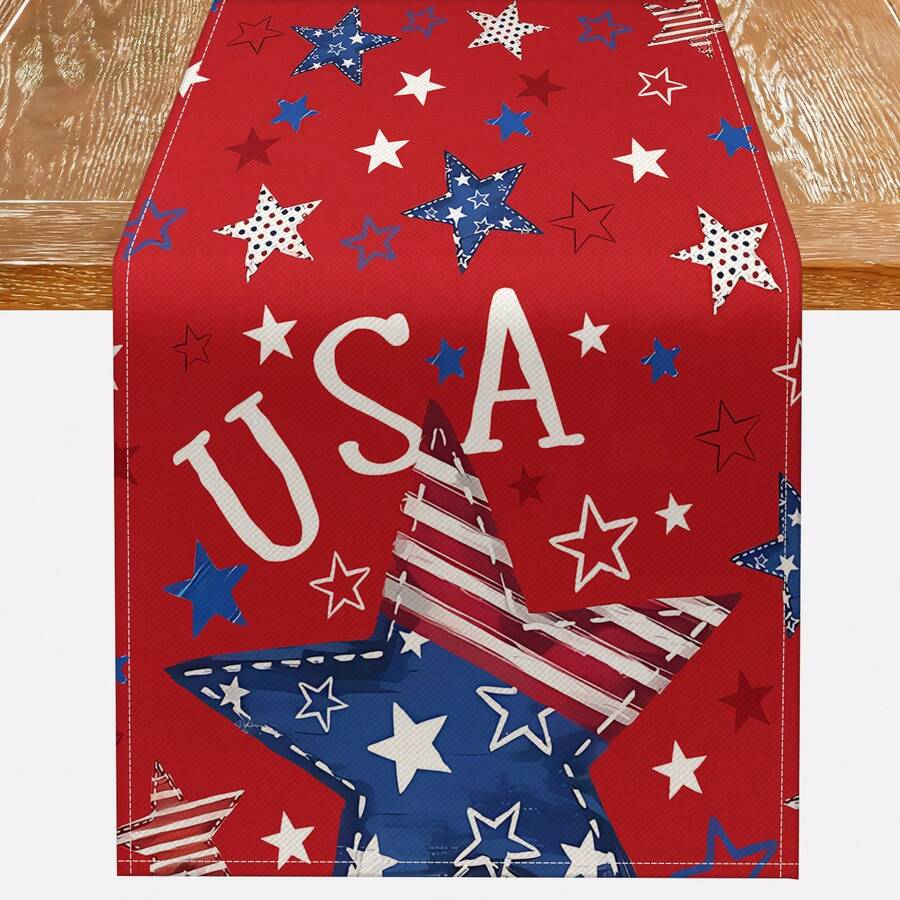 1pc Red Star Patriotic Memorial Day/4th Of July Table Runner, Independence Day Holiday Kitchen Dining Table Decor For Family Gathering - Red - View 1