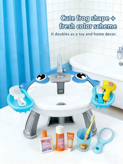 二合一儿童电动钓鱼池和沙桌玩具，模拟洗手池浴室玩具，户外沙滩游泳池水上玩具套装，适合幼儿男孩女孩角色扮演浴室玩具礼物