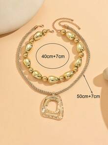 2pcs/Set Vintage Exaggerated Gold-Tone CCB Beaded Necklace, Fashionable Thick Rope Geometric Pendant Necklace Design, Suitable For Daily Wear And Party/Music Festival - Multicolor - View 5