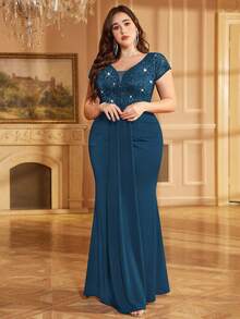 Plus Deep V-Neck Sequin Lace Contrast Ruched Draped Front Mermaid Hem Evening Party Formal Dress - Dusty Blue - View 6