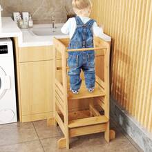 COSTWAY Toddler Standing Tower, Bamboo Kids Kitchen Step Stool With 4-Level Adjustable Height, Safety Rails And Anti-Tip Feet For 18+ Months, Natural - Apricot - View 6