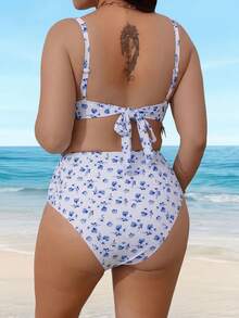2026 New Plus Size Blue White Floral Bikini, High Waist Tummy Control Two Piece Swimsuit - Nhiều màu - Xem 5