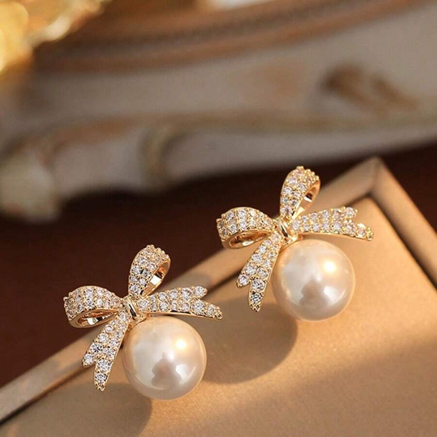 Rhinestone Bow Stud Earrings, Elegant Versatile Charming Earrings For Women - Gold - View 1