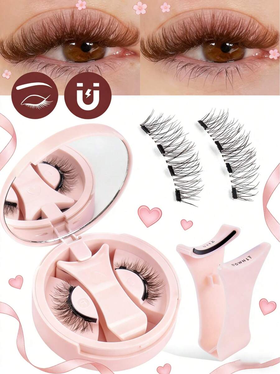 MAANGE Mother's Day Gift 1 Set Reusable Magnetic Eyelashes With Eyelash Curler, Natural Look Without Glue, Easy To Wear And Remove, 3D Soft Curly Fluffy Faux Lashes