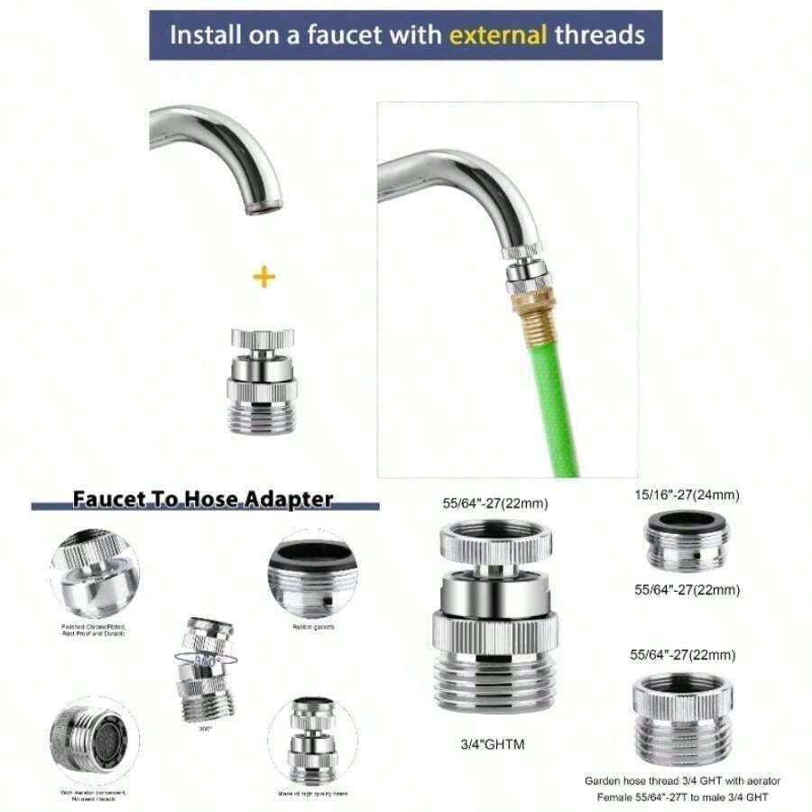 Adaptador de grifo con aireador, adaptador de grifo de fregadero a manguera de jardín, giratorio, adecuado para baños y cocinas, rosca GHT de 3/4 de pulgada - Giratorio - Ver 1