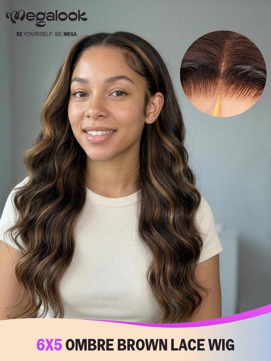 MEGALOOK 6"X5" Perruque en cheveux humains ondulés sans colle, couleur dégradé brun, 100% cheveux naturels, densité 150%, peut être coiffée avec raie au milieu/sur le côté, raie profonde en Z, convient pour un port quotidien, les fêtes, les mariages, les rendez-vous, ligne de cheveux naturelle - Multicolore - Voir 1