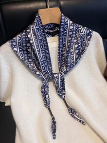 1 Pc Women's New Paisley Cashew Nuts Pattern Sunscreen Adjustable Waist Wrap Belt Fashionable Long Triangle Imitation Silk Scarf Double-Layer Scarf , Versatile Neckwear Headscarf Spring Summer Shawl Accessory. - Dark Blue Geometry - View 1
