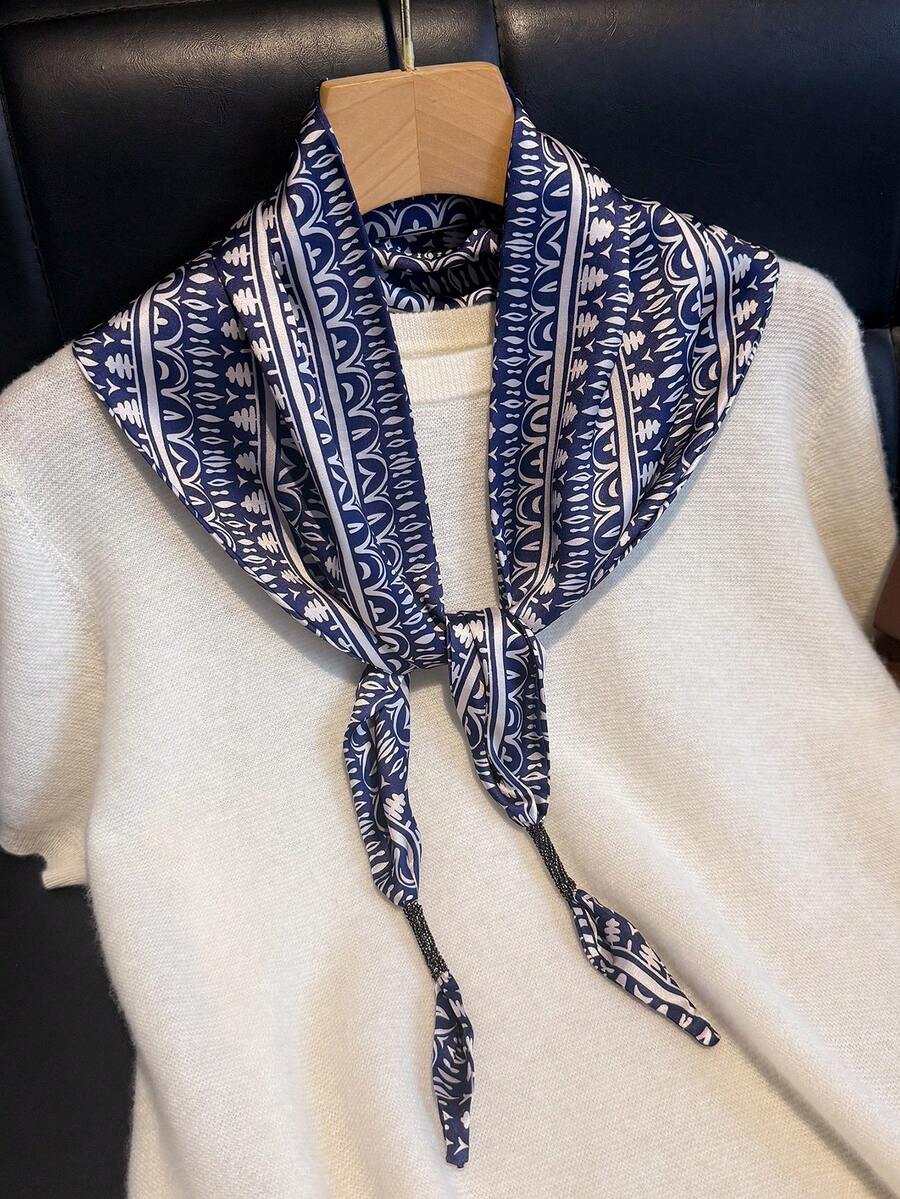 1 Pc Women's New Paisley Cashew Nuts Pattern Sunscreen Adjustable Waist Wrap Belt Fashionable Long Triangle Imitation Silk Scarf Double-Layer Scarf , Versatile Neckwear Headscarf Spring Summer Shawl Accessory. - Dark Blue Geometry - View 1