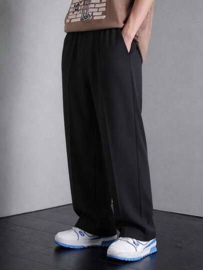 1件装 男童休闲纯色牙签褶皱装饰运动户外华夫格直筒裤，春秋季